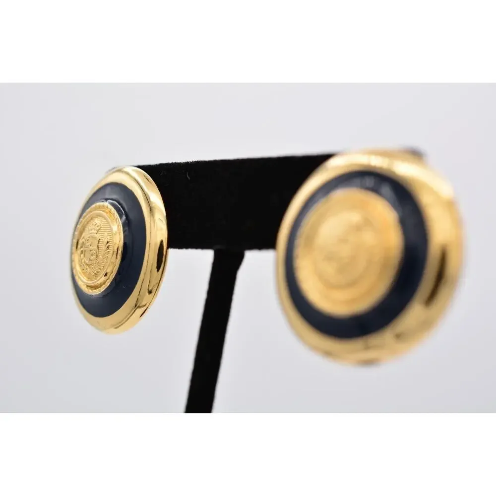 Liz Claiborne Vintage Earrings Gold Coin Chunky Black Logo LCI Signed 90s 9L